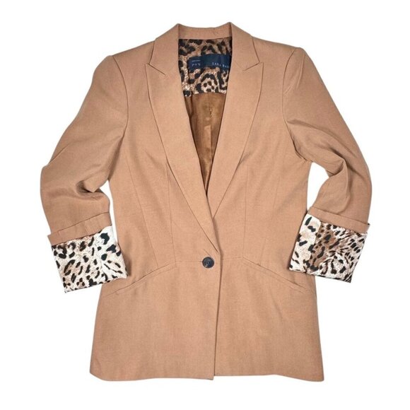 Zara Jackets & Blazers - Zara Tan Blazer with Leopard Print Cuffs Slim fit small